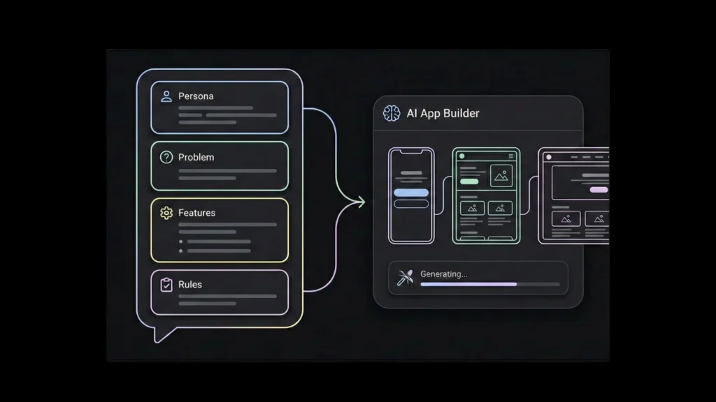Dark mode interface showing AI App Builder generating app wireframes from user inputs.