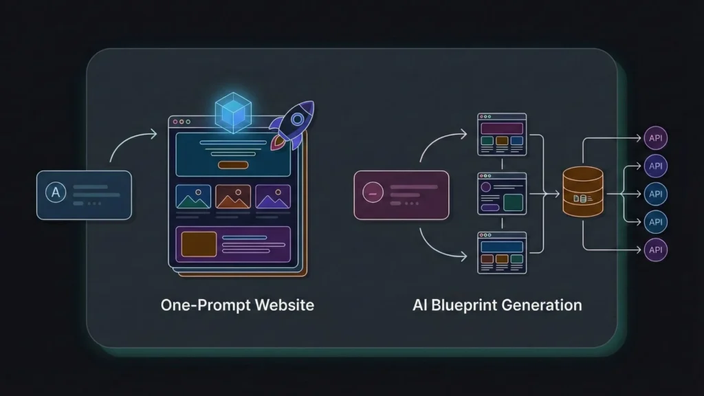 Dark mode illustration showing an AI prompt transforming into a website blueprint.