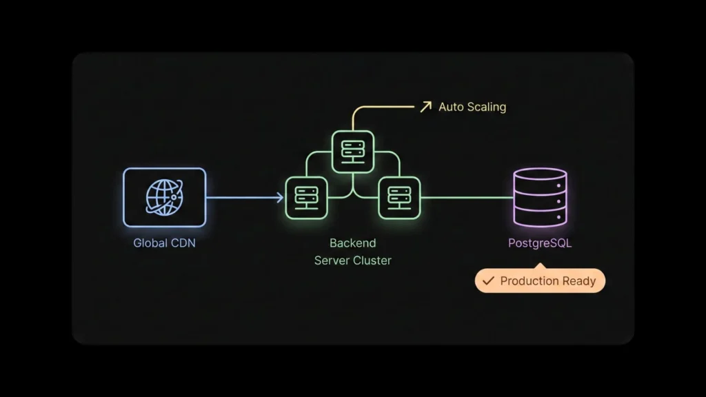 Minimal dark mode cloud architecture diagram featuring CDN, backend cluster, and PostgreSQL.