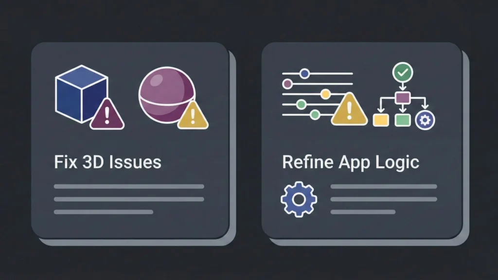 Dark interface illustration featuring two debugging cards for 3D and application logic.