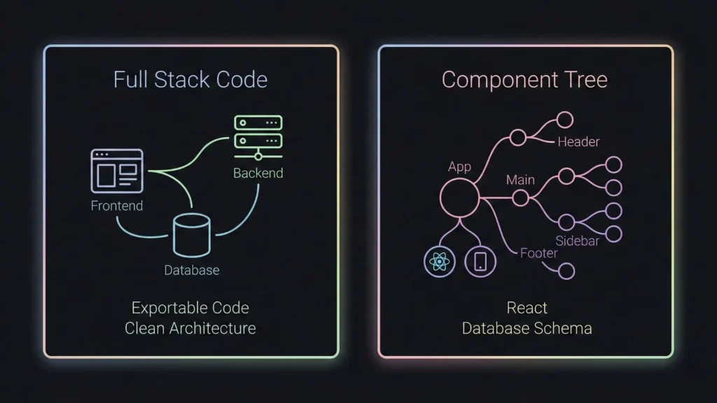 Dark mode split screen showing full stack architecture and React component tree.