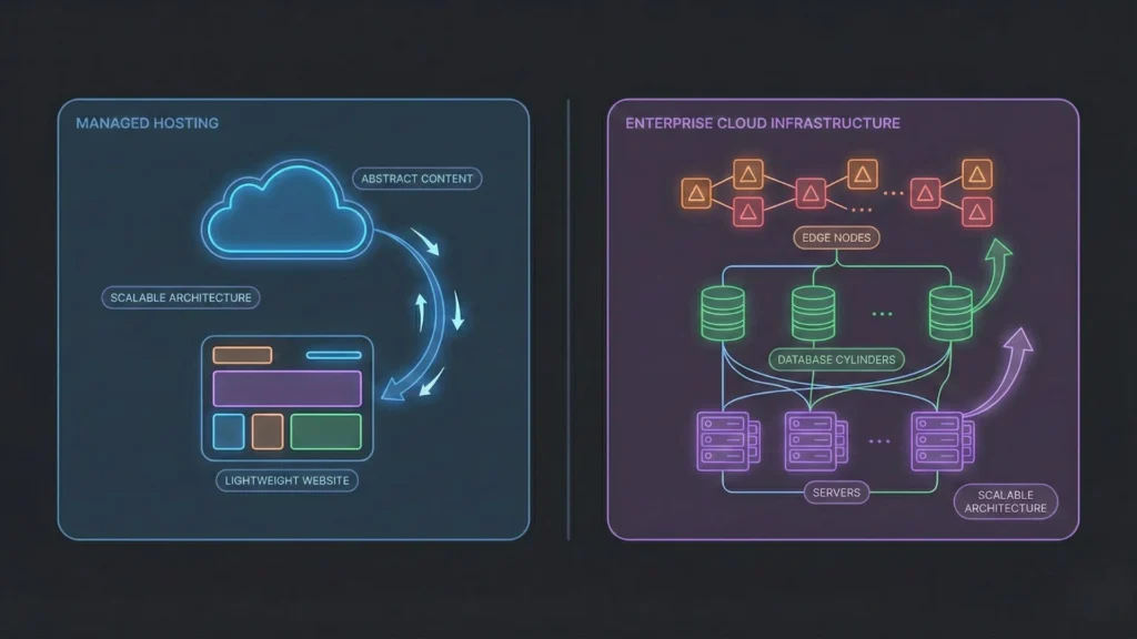 Dark mode diagram comparing Managed Hosting and Enterprise Cloud Infrastructure architecture.