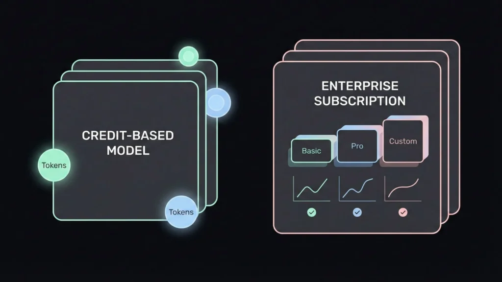 Dark mode graphic comparing credit token pricing to tiered enterprise subscription models.