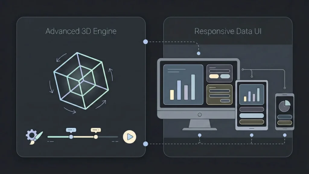 Dark SaaS illustration featuring a 3D engine and responsive data UI screens.