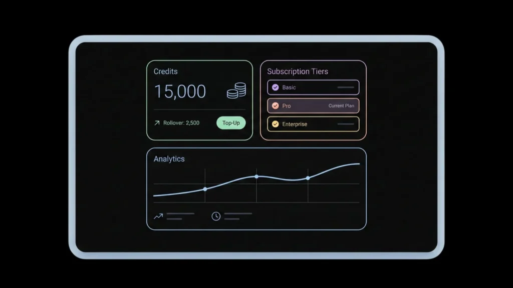 Dark mode SaaS dashboard displaying credit counters, subscription tiers, and analytics graph.