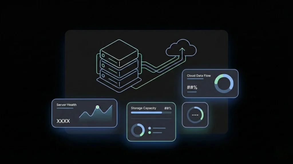 Dark mode SaaS illustration featuring cloud servers and floating performance metric dashboards.