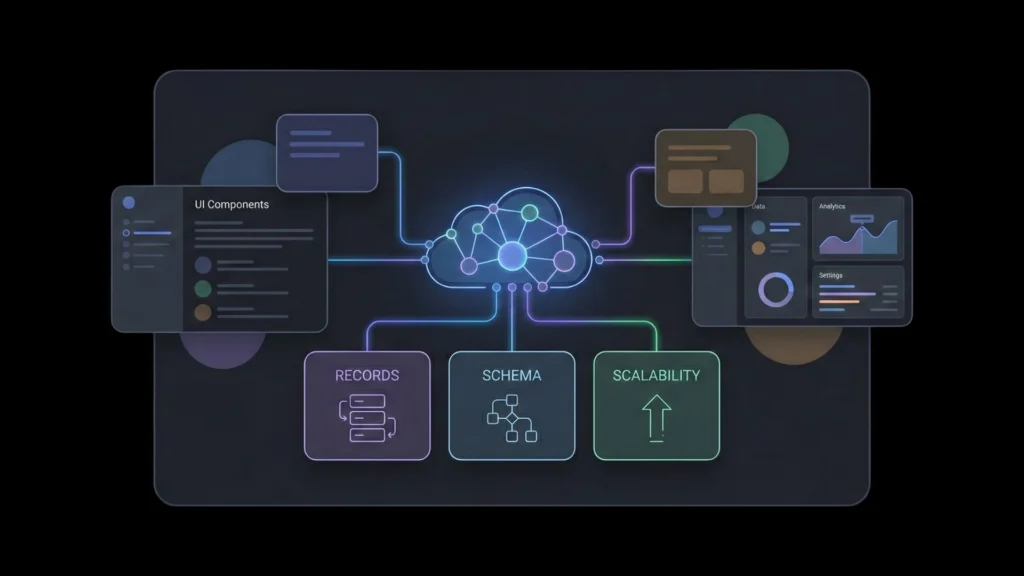 Dark mode vector illustration featuring a cloud database and connected UI panels.