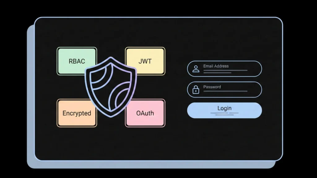 Dark mode SaaS security illustration with a central shield and login form.