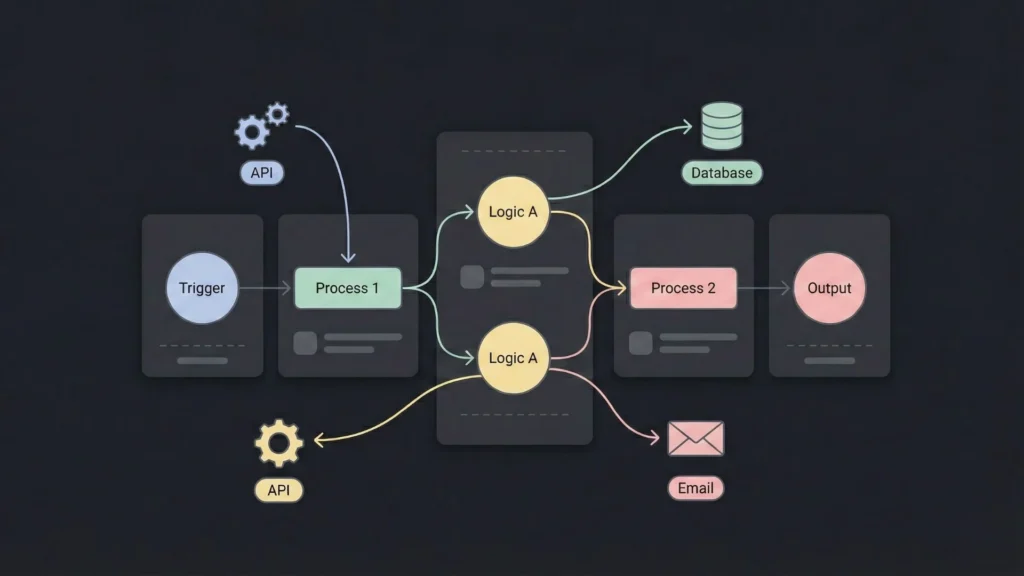 Dark mode flowchart illustrating connected triggers, logic paths, APIs, databases, and emails.