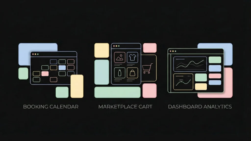 Dark mode vector UI: booking calendar, marketplace cart, dashboard analytics illustrations.
