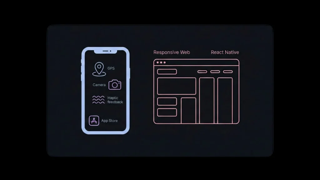Dark mode vector illustration showing React Native mobile app and responsive web.