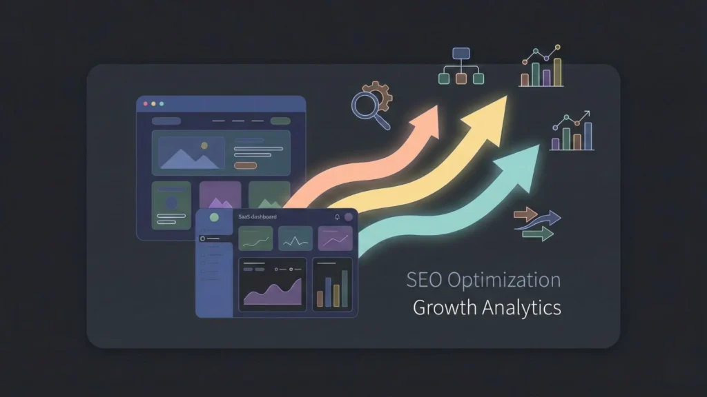 Dark SaaS dashboard illustration with rising growth arrows and SEO optimization analytics.