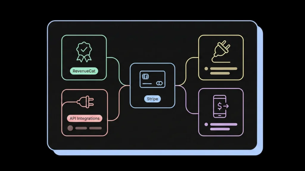 Vector illustration of SaaS payment and API integrations in dark mode.