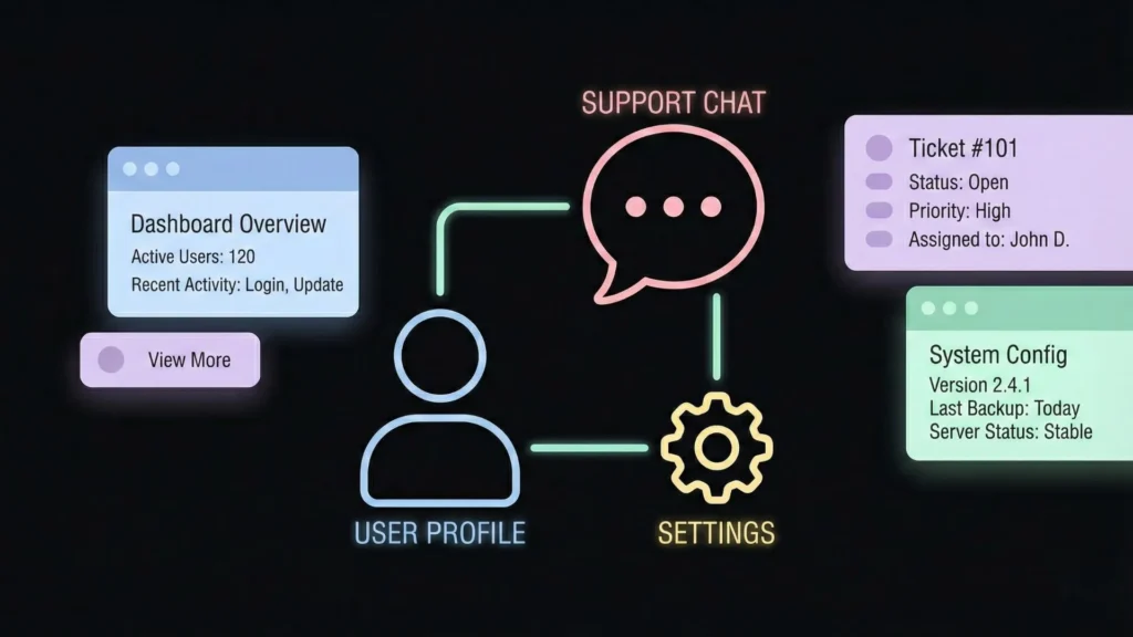 Neon dashboard with user, chat, settings icons and pastel data panels.