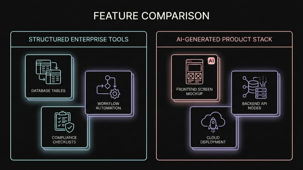 Split screen diagram comparing structured enterprise tools and AI generated product stacks.