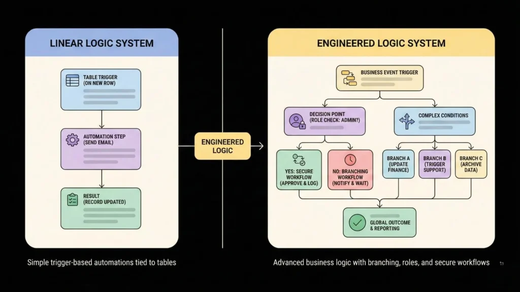 Linear automation logic versus engineered business workflows