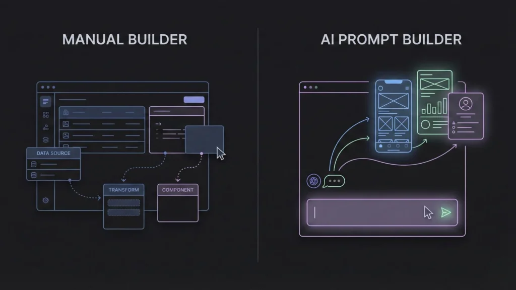 Dark illustration comparing manual dashboard building interfaces with AI prompt generation screens.