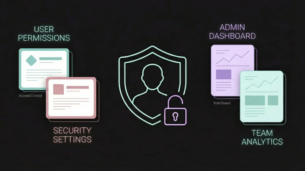 Neon infographic showing user permissions, security, admin dashboard, and team analytics.