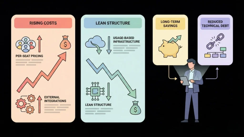 No-code cost comparison showing long-term savings and reduced debt