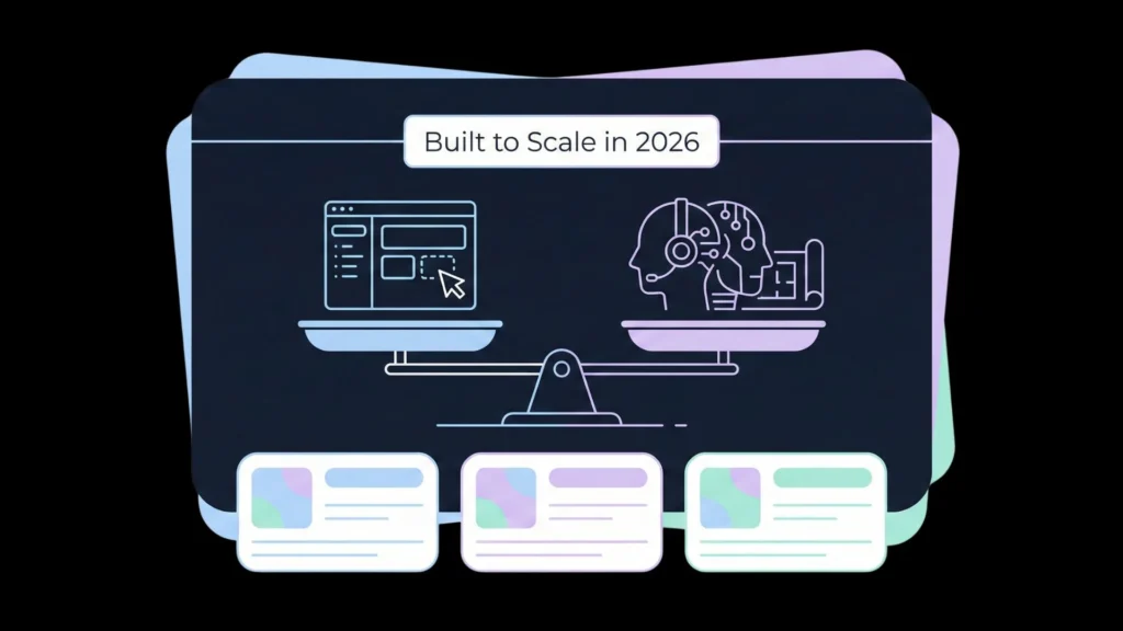 Balanced scale illustration: visual builder vs AI architect, text Built to Scale 2026.