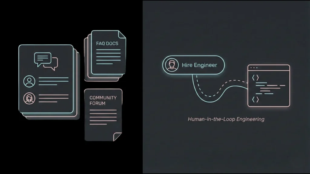 Dark mode SaaS dashboard illustrating community support and human-in-the-loop engineering hiring options.