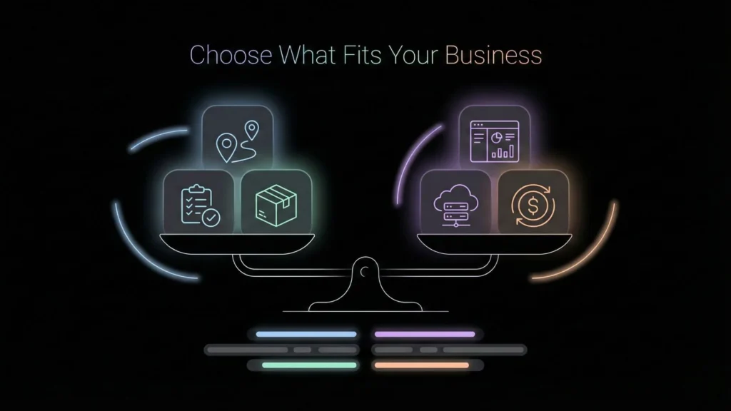 Balanced scale showing business operations versus SaaS tools in dark mode.