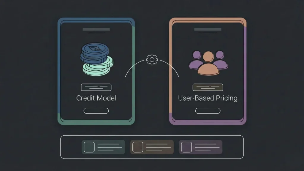 Dark mode vector illustration comparing credit stack versus user group pricing models.