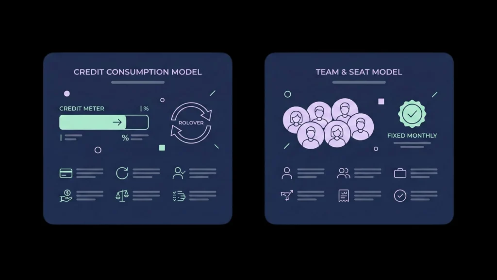 Dark mode infographic comparing SaaS credit consumption versus team seat pricing models.