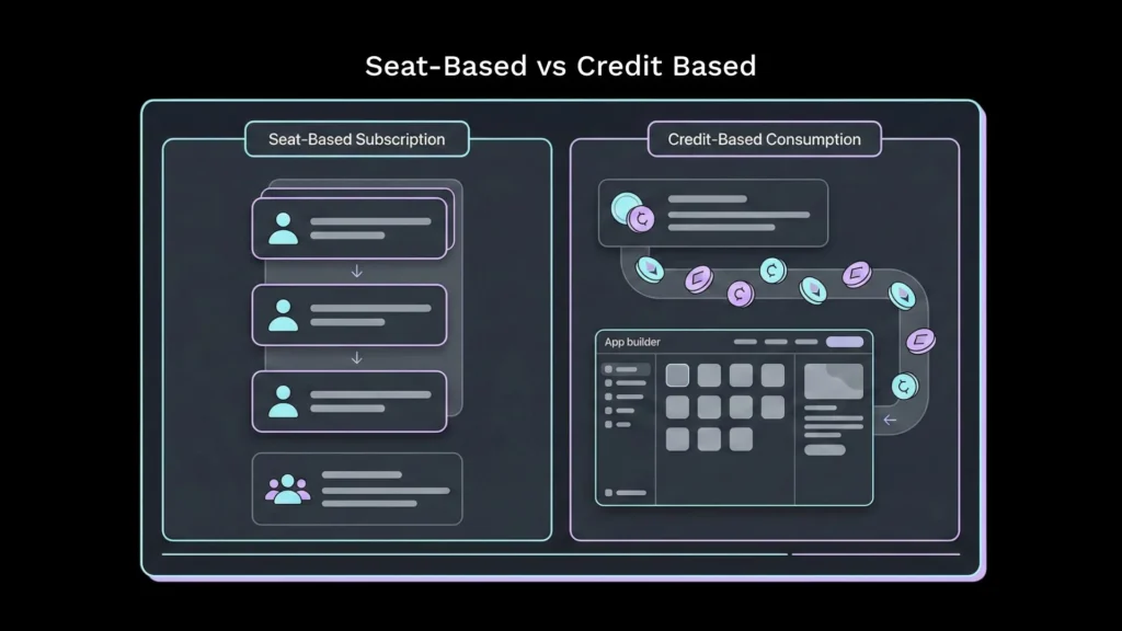 Dark mode dashboard illustration comparing seat-based subscriptions versus credit-based usage models.