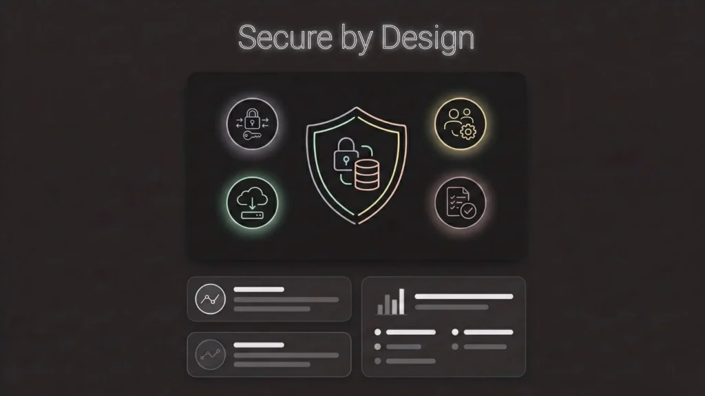Dark mode SaaS security illustration with neon shield, lock, and database icons.