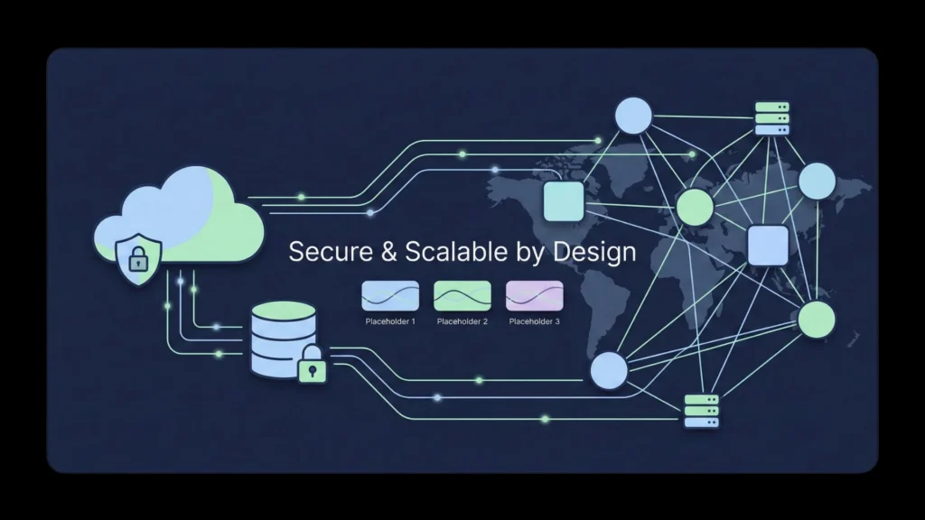 Minimal dark mode SaaS diagram illustrating cloud security and global scalability.
