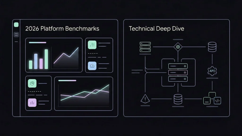 Dark mode dashboard illustration showing 2026 platform benchmarks and technical infrastructure diagrams.