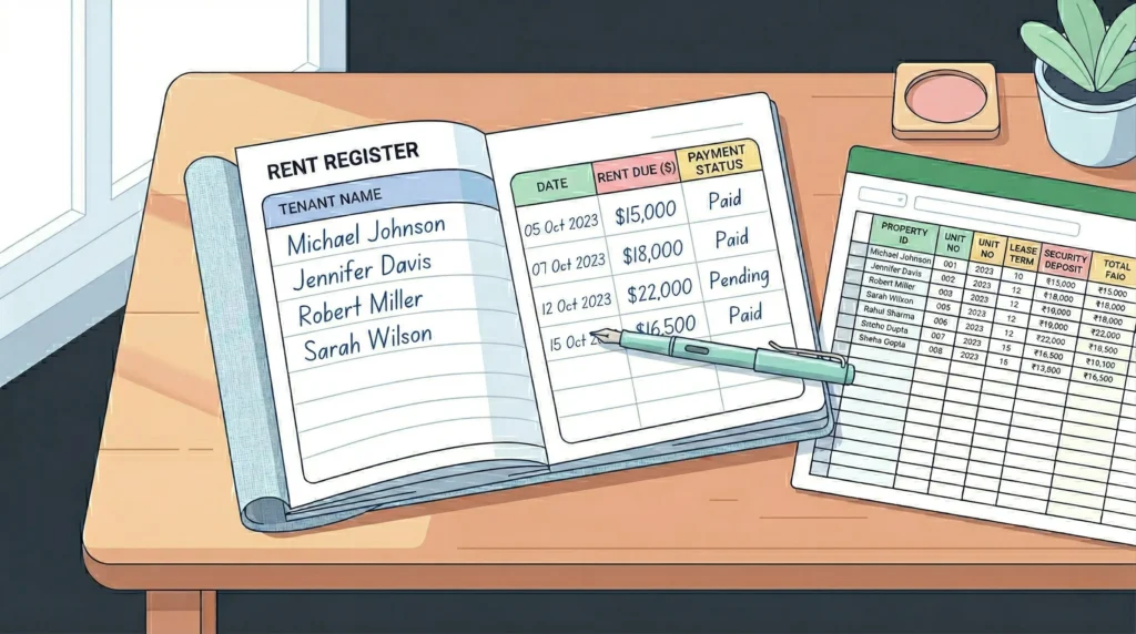 Rent register with payment statuses listed