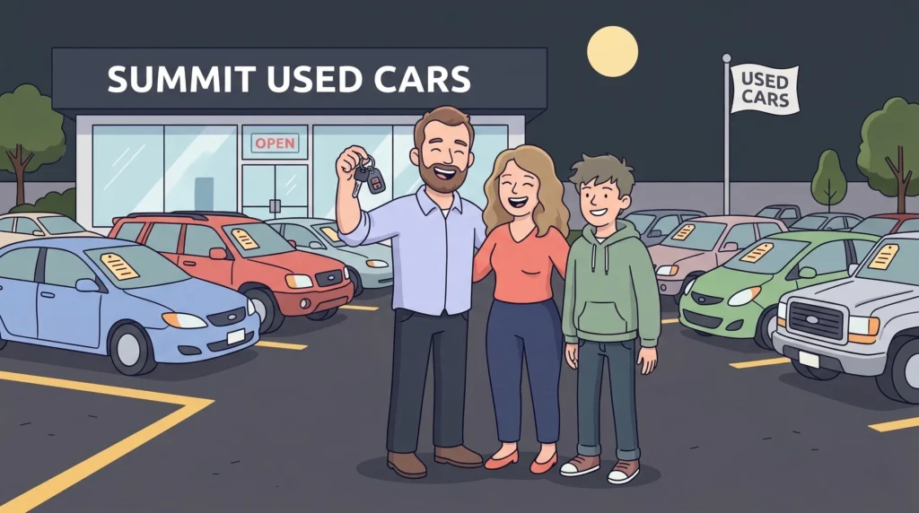 Family celebrating car purchase outside dealership