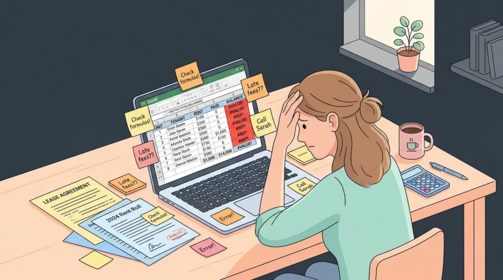 Stressed person managing financial documents.