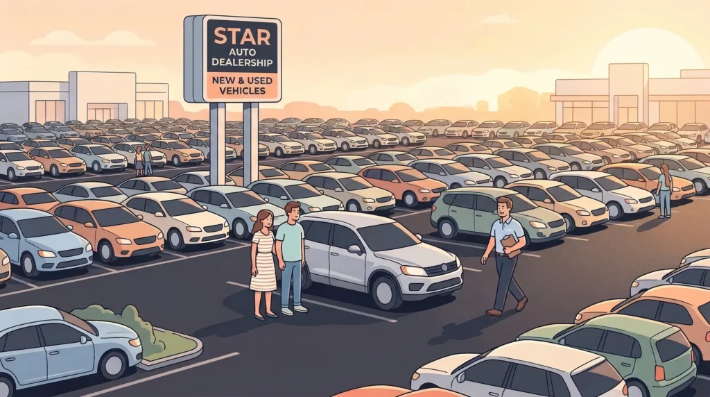 Busy auto dealership with numerous cars.