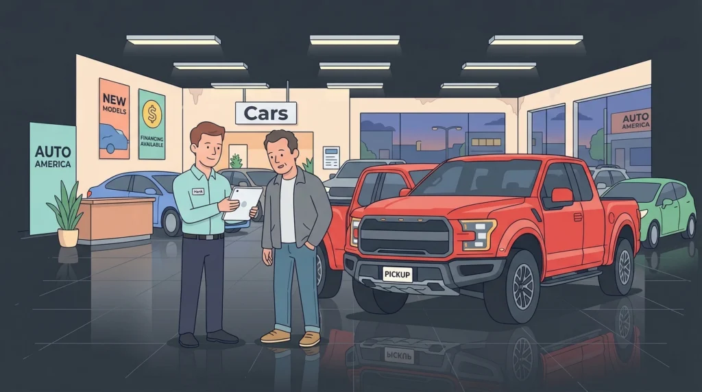 Car dealership with customers and vehicles
