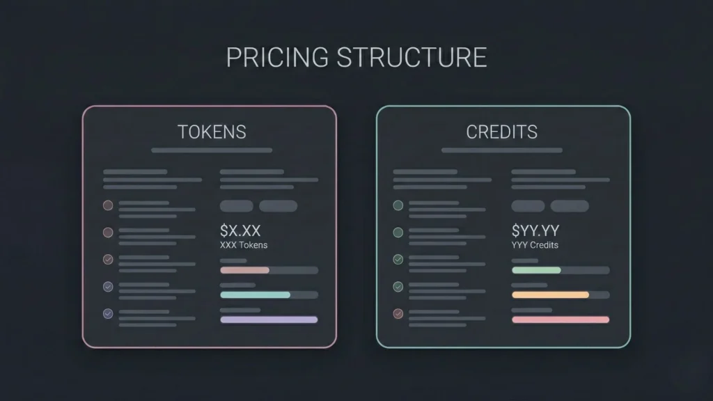 Flat vector illustration of pricing cards for tokens and credits in dark-mode.