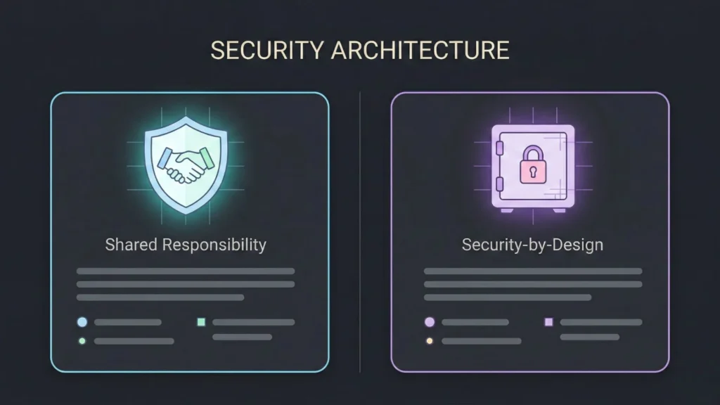 Dark mode SaaS UI illustration featuring shared responsibility and security-by-design vector cards.