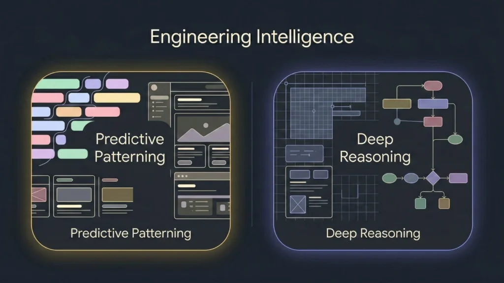 Dark mode split-screen illustration of predictive patterning and deep reasoning logic nodes.