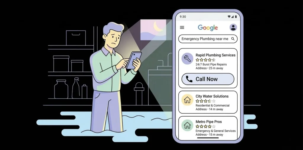 illustration of a man in a flooded basement searching google