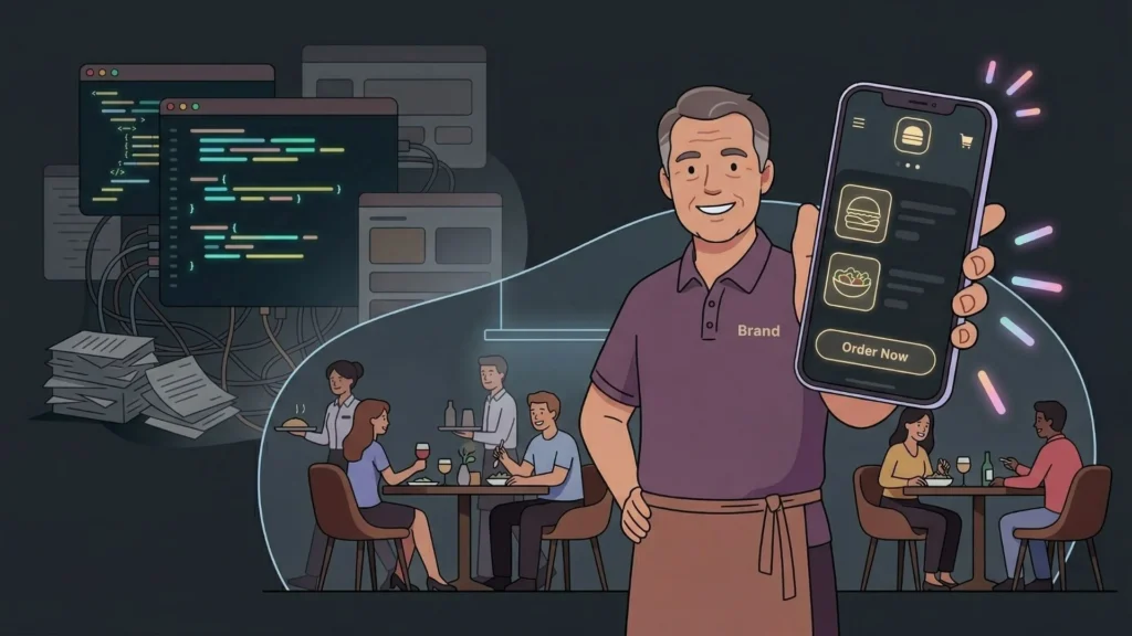 a restaurant owner holding a smartphone wit a food ordering app