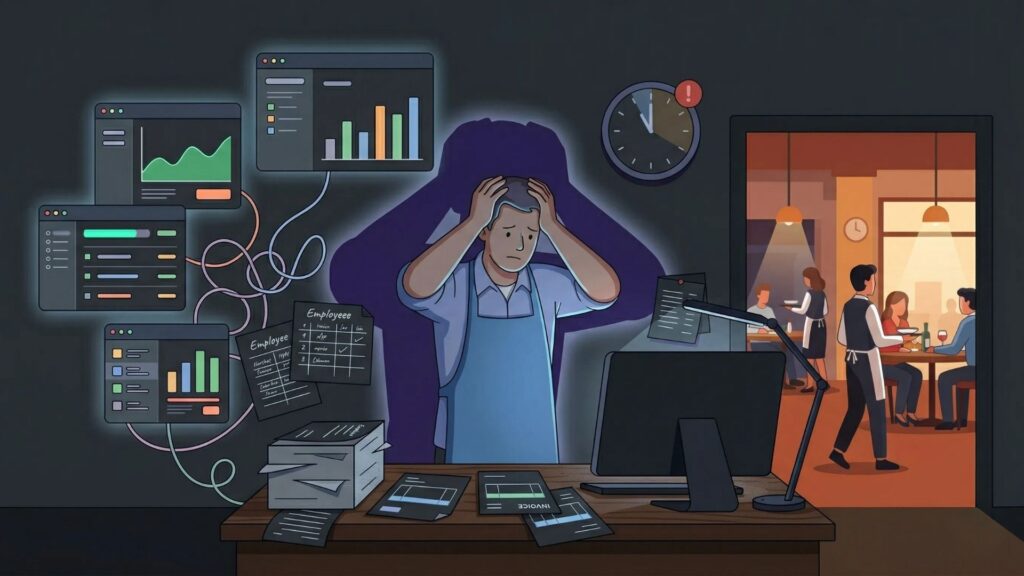 stressed restaurant manager overwhelmed by digital data charts