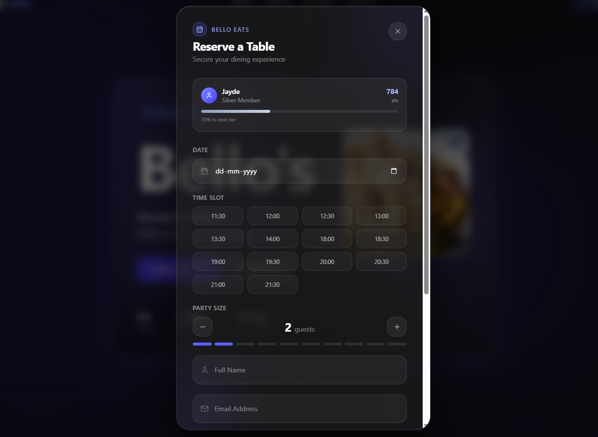 Table reservation interface for dining