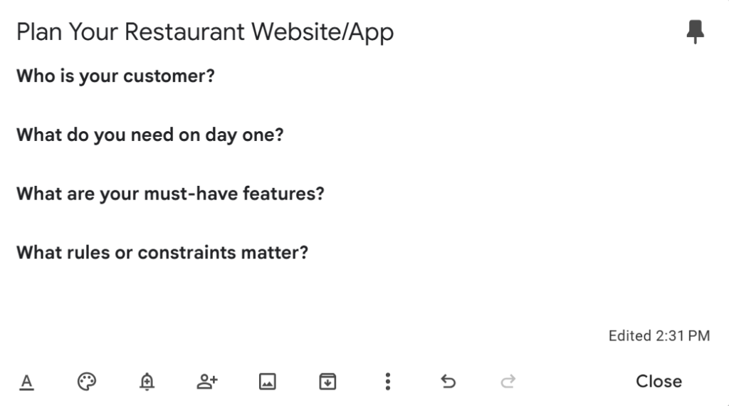 Questions for restaurant website planning