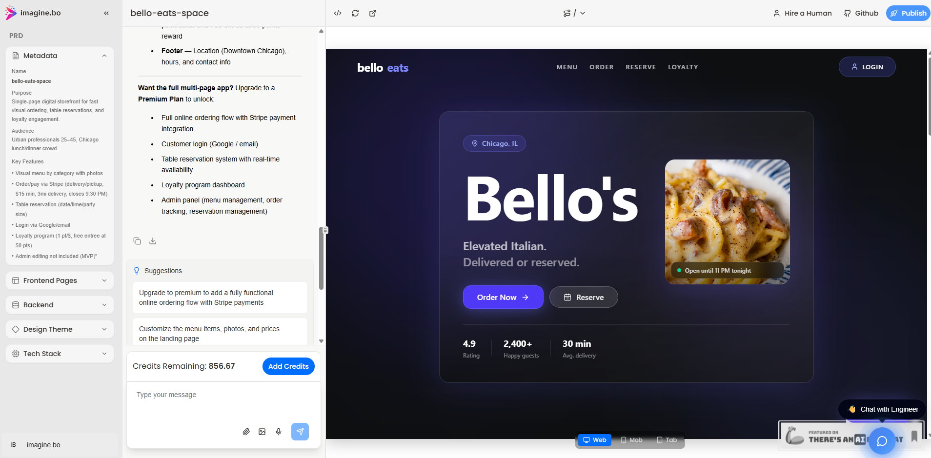 restaurant website built by imagine bo