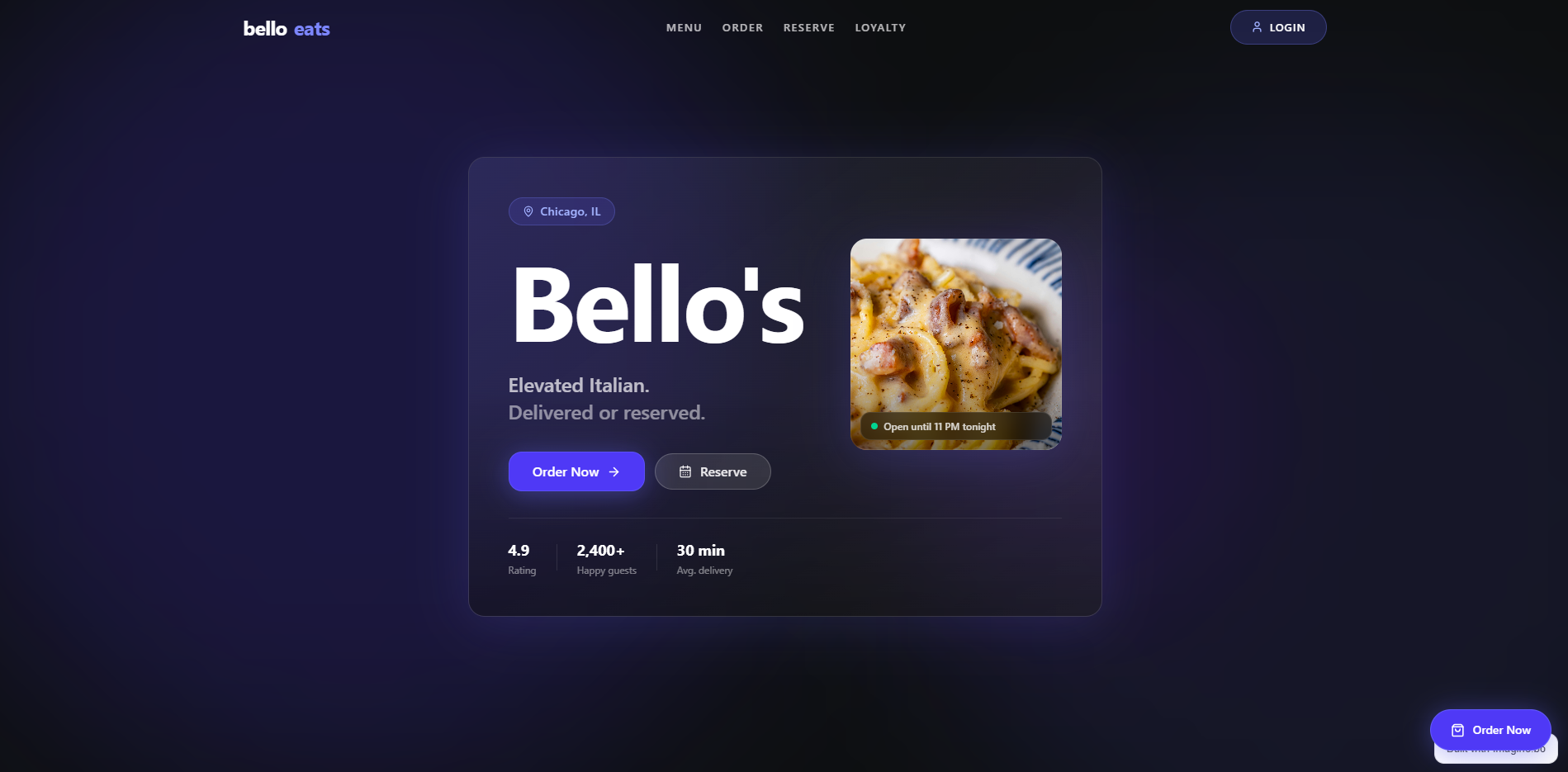 imagine bo preview page of Restaurant interface for Bello's Italian