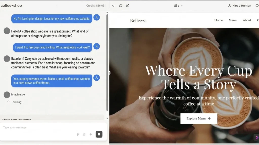A prompt-to-website transformation showing Imagine.bo generating a dark-themed coffee shop site.