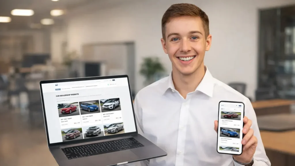Man holding a laptop and smartphone showing a car dealership website design.