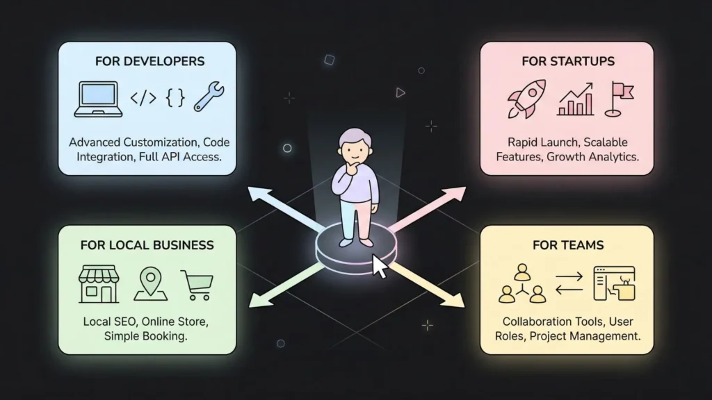User selects from four website builder platform cards on a black background.